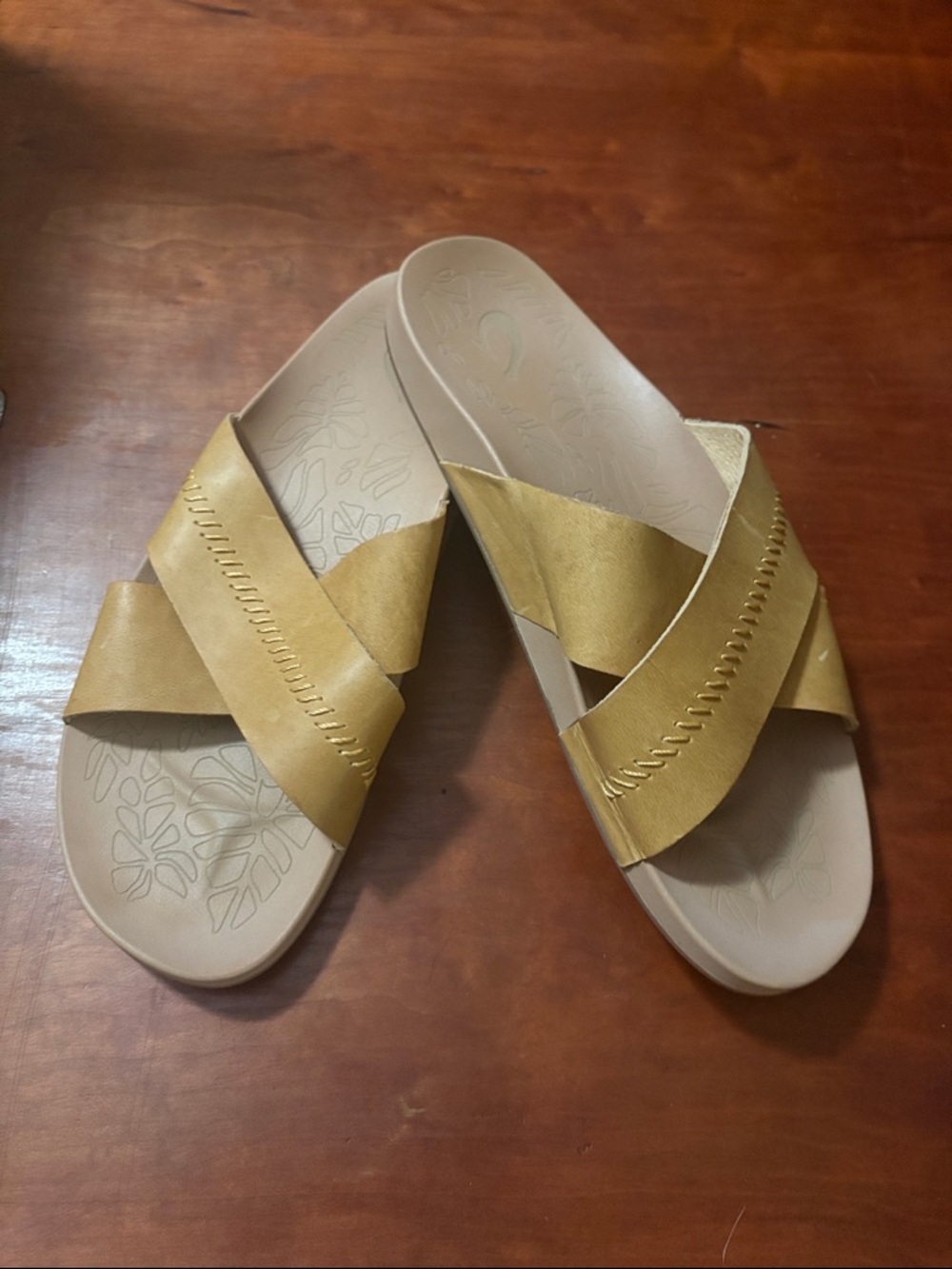 OluKai Women’s Crisscross Slide Sandals in Metallic Gold/Tan